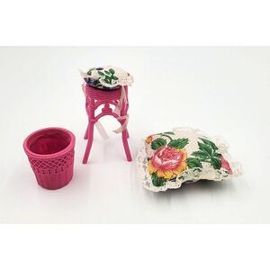 Vintage Multi Toys Corp Pink Wicker Plastic Stool Pillow & Basket For 12" Doll